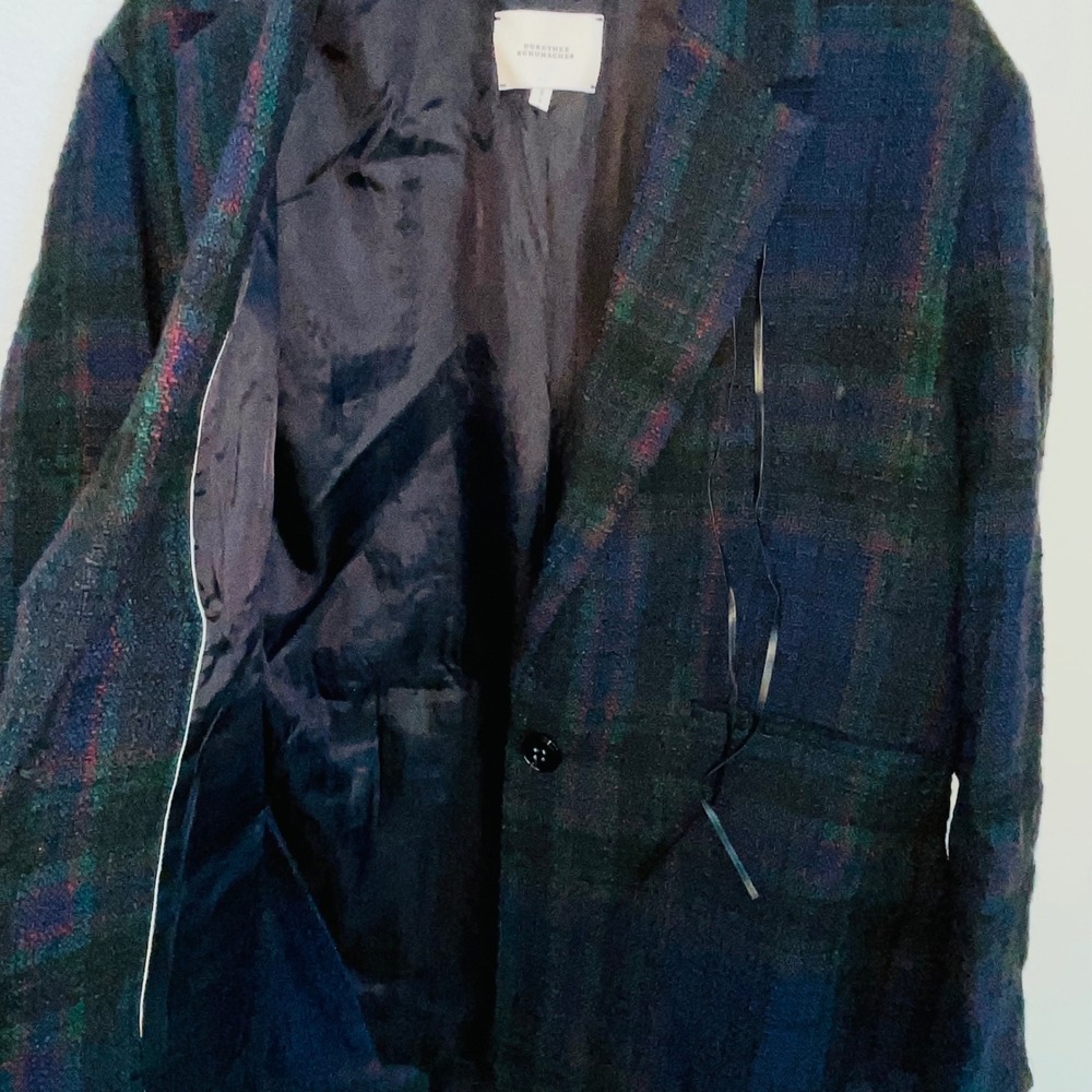 Dorothee Schumacher Wool Blend Tweed Plaid Single Button Blazer Sz L Navy Green